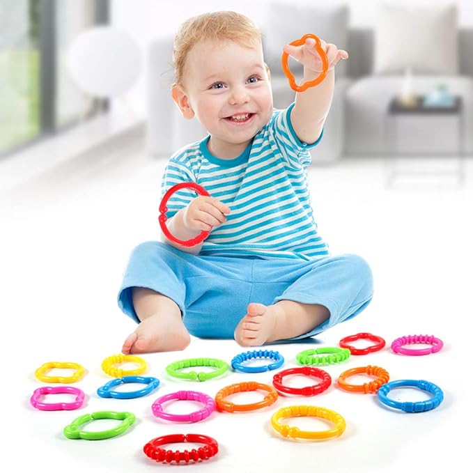 Link-to-Go Connecting Rings Toy Hanging Stroller Car Seat Crib Playmat Attach Toys Infant Newborn Boy Girl Clip On Early Education Learning Travel Accessory Set