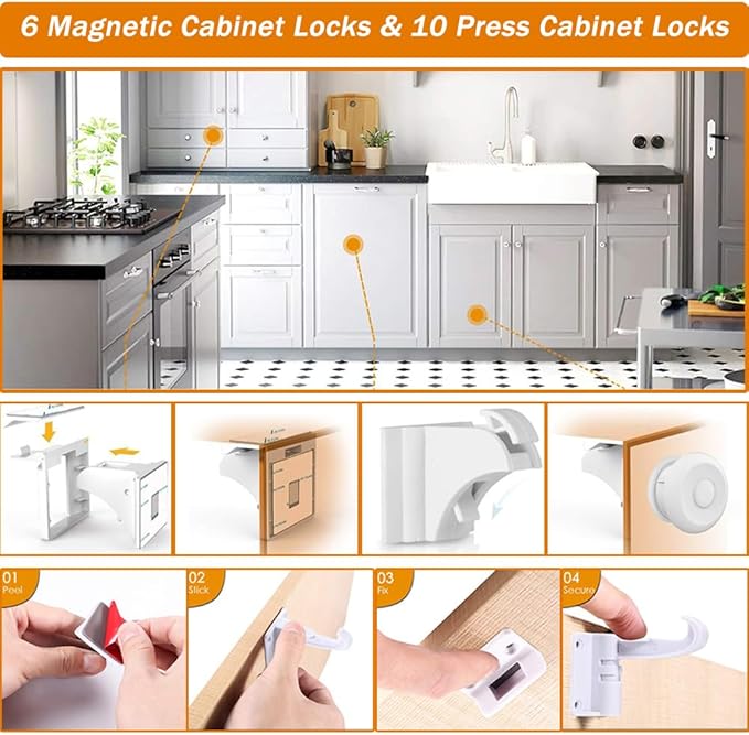 Baby Proof Kit, 112 Packs Baby Proofing Essentials Set - Magnetic Cabinet Locks, Corner Guards, Outlet Plug, Furniture Straps, Door Lever Lock - Child Safety Kit for Cabinets, Stove, Furniture