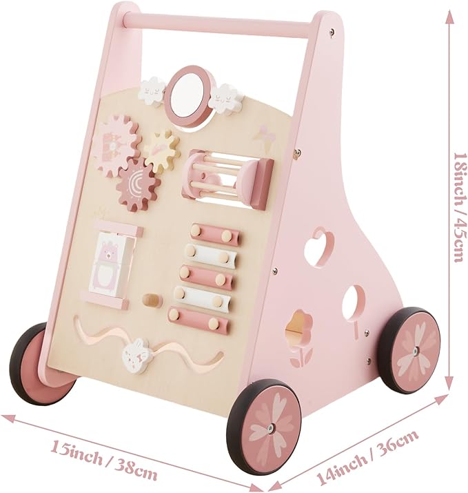 Beright Wooden Baby Walker Push and Pull Learning Activity Walker Kids’ Activity Toy Multiple Activities Center Develops Motor Skills & Stimulates Creativity(Pink)