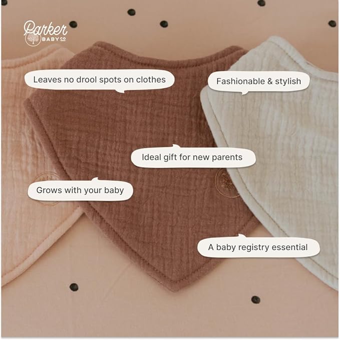 Parker Baby Muslin Bandana Drool Bibs | 100% Soft Muslin Cotton, Absorbent & Adjustable | Stylish Teething & Drooling Bibs