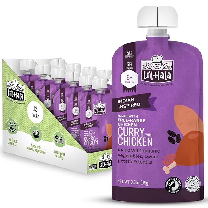 Li’l Hala Curry Chicken Baby Food Pouches – Free-Range Chicken & Organic Veggies – Protein & Healthy Fats – Toddler Meat Puree Meals for 6+ Months – No Hormones – 3.5 oz (12 Pack)