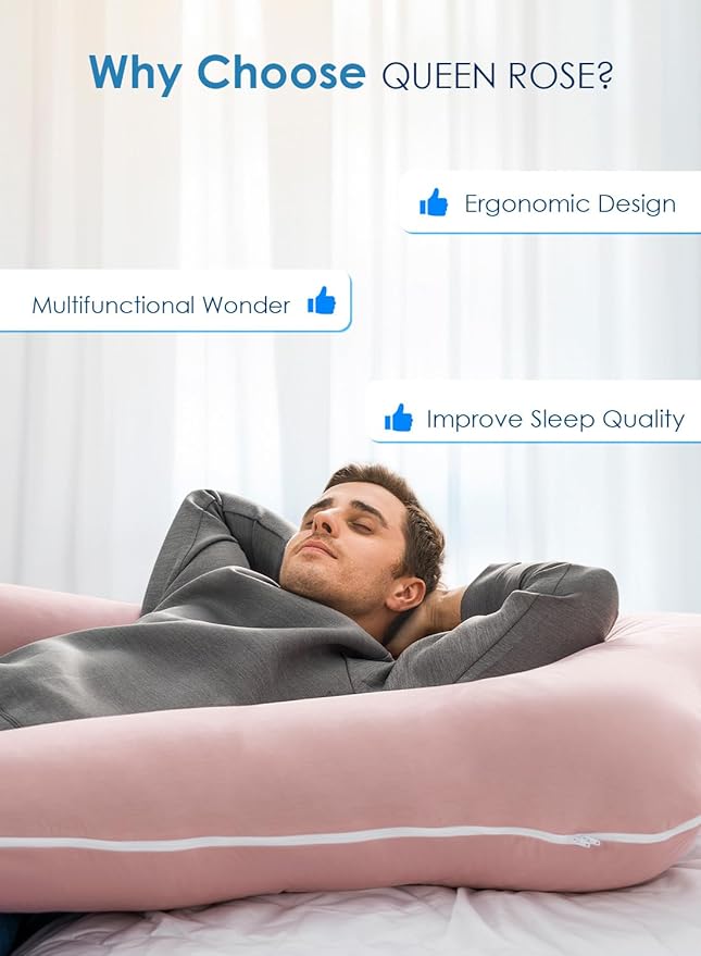 QUEEN ROSE Extra Long Pregnancy Pillows, 60 Inch U Shaped Body Pillow for Sleeping, Cooling Maternity Pillow for Pregnant Women, Body Support for Adults, with Soft Silky Cover, Pink