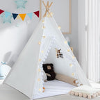 Teepee Tent for Kids with Padded Mat Cotton Canvas Kids Teepee with Pompom for Toddlers Indoor Play Tent for Girls Boys with Stars Lights, Carry Bag, Banner Flag (Snowman)