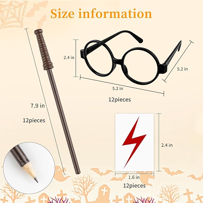 Wizard Theme Party Favors - Wand Pencils Wizard Glasses with No Lenses Lightning Bolt Scar Temporary Tattoo for Teen Kid Student Magic Birthday Party Favors School Reward Halloween Decor 12pcs each