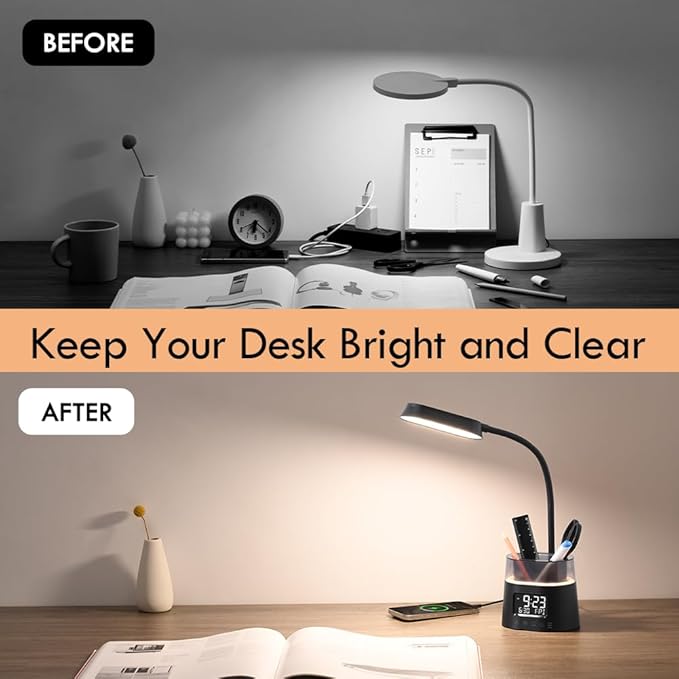 WILIT LED Kids Desk Lamp, Dimmable Study Lamp for Home Office Desk Accessories, with Pen Holder & Clock, USB Charging, RGB Night Light, Bedroom & College Dorm Room Essentials for Girls - Black