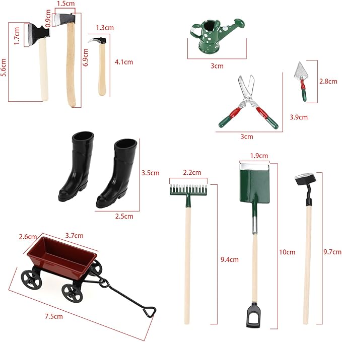 SG Store 11Pcs 1:12 Dollhouse Working Accessories Dolls House Miniature Garden Set Shovel Rake and Spade Watering Can Pulling Cart Mini Cart Garden Tools