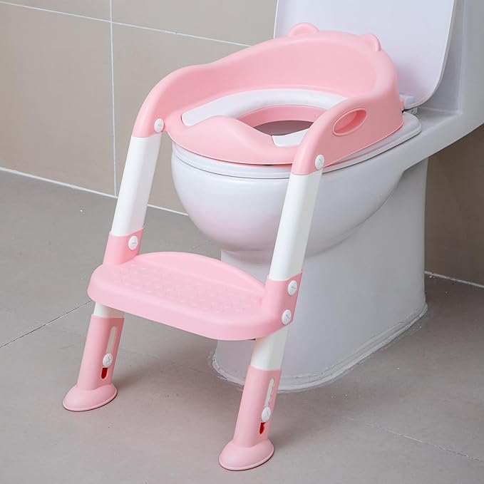 Potty Training Toilet Chair Seat with Step Stool Ladder for Kids and Toddler Boys Girls - Foldable Height Adjustable Children Toilet Training Seat with Safe Handles & Anti-Slip Pads, White-Pink