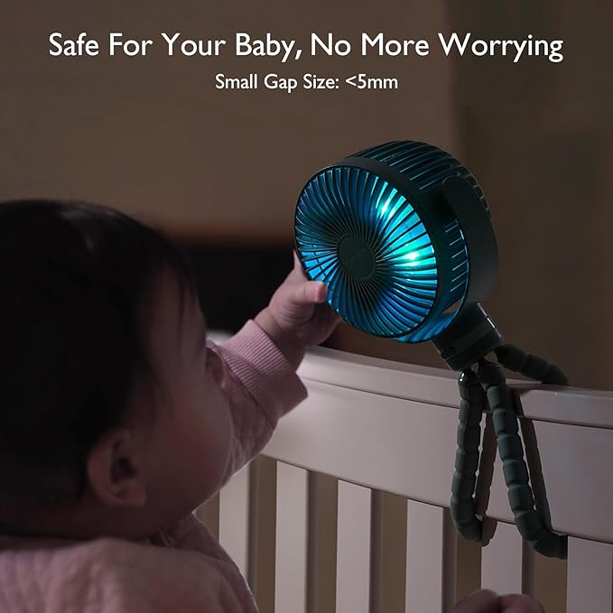 Momcozy Portable Stroller Fan, 8000mAh, 27H Ultra-long Battery Life, Detachable 4 Speed 360°Rotate, LED Night Light with 2 Modes, USB Rechargeable Handheld Cooling Fan for Travel, Car Seat, Bedroom
