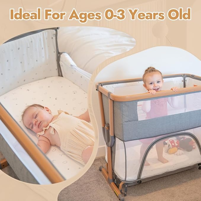 Papablic 4 in 1 Baby Bassinet, Bedside Bassinet for Baby, Adjustable Rocking Bassinet Bedside Sleeper with Soft Mattress & Storage Basket, Easy to Assemble