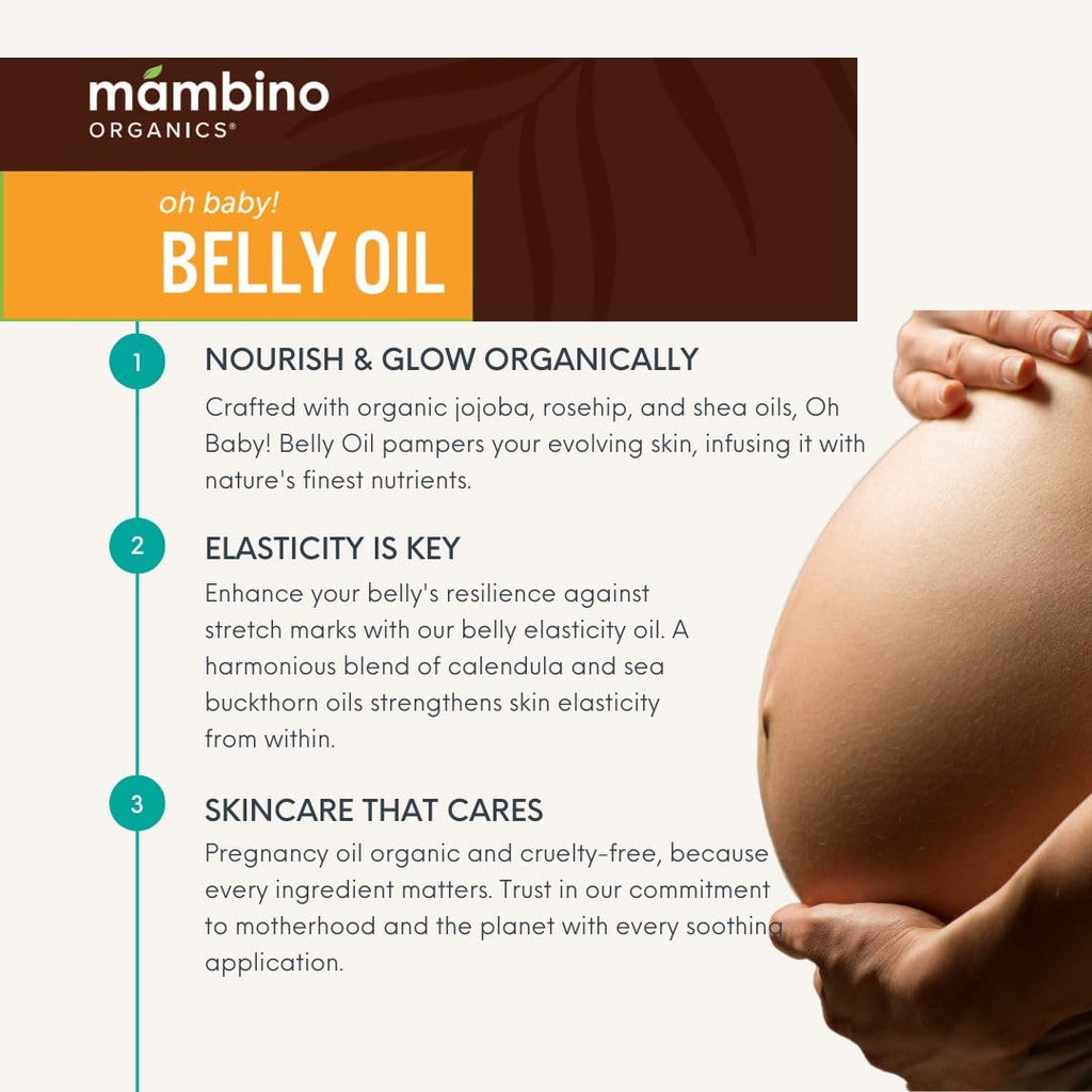 Mambino Organics Oh Baby! Belly Oil – Organic Elasticity Serum with Egyptian Calendula, Vietnamese Tamanu & Dutch Shea – Pregnancy Oil for Stretch Marks – Vegan Cruelty-Free Maternity Care, 2 fl oz