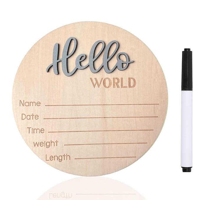 Baby Announcement Sign, 5.9 Inch Wooden Hello World Newborn Signs, Birth Announcement Sign, Baby Shower Hospital Nursery for Newborn Boys and Girls (Gray,Pen)