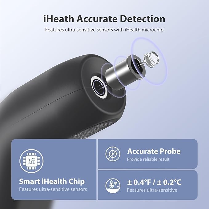 iHealth Touchless Thermometer for Adults and Kids, FSA/HSA Eligible, Color-Coded Alert & Silent Mode, 1-Second Accurate Fever Check, Portable for Home, Travel Use - PT2L Black