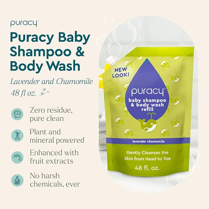 Puracy Shampoo & Body Wash for Children - Perfect Skin, Pure Ingredients - with 12 Fruit & Vegetable Extracts for Silky Smooth Skin, Gentle Lavender Chamomile, 98.8% from Mother Nature 48 fl oz