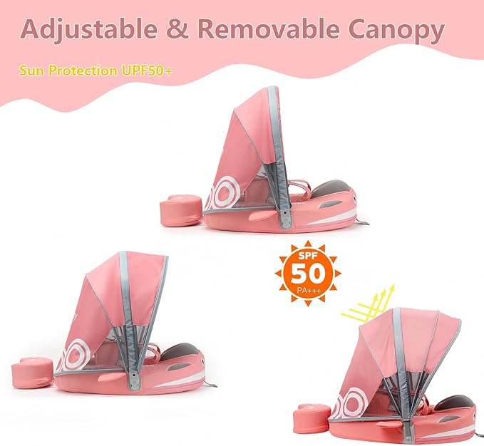 Mambobaby Float with Removable UPF50+ UV Sun Protection Canopy, Infant Pool Float Swimming Float with Tail & Adjustable Safety Seat, Baby Floats for Pool Bathtub (Narwhal Pink-L03NPCTLURBKMF01L03)