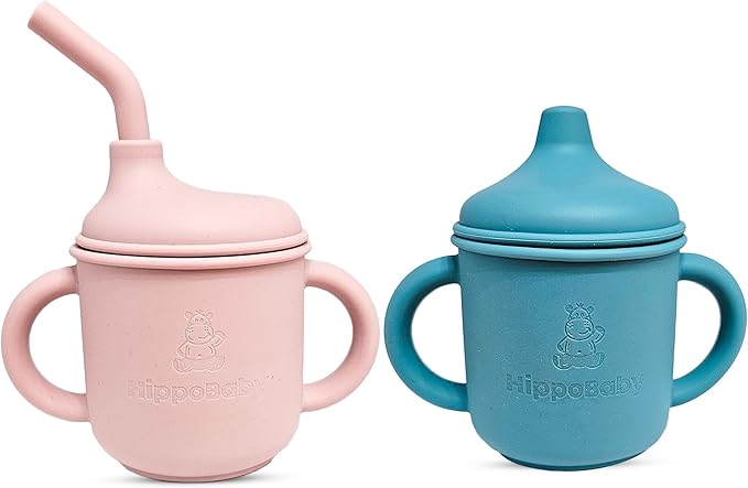 Silicone Transition Sippy Cup for 6+ month old | Includes 1 Toddler straw cup & 1 Baby Sippy Cup with Handles 5 oz | Perfect for Baby Led Weaning (Rose Quartz/SKy, 5 oz)