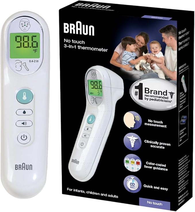 Braun No Touch 3-in-1 Thermometer for Adults, Kids & Babies, Measures Forehead, Liquid and Food Temps, Professional Accuracy & Color Coded Fever Guidance