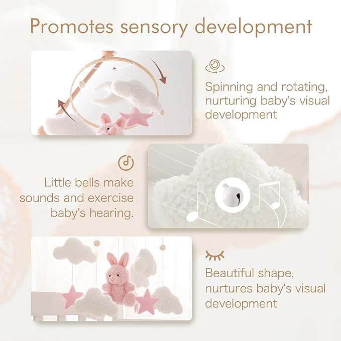 EERKEOD Baby Crib Mobile Bunny Nursery Mobile for Boys Girls Teddy Velvet Mobile Nursery Decor for Infant Bedroom Hanging Baby Mobile for Bassinet Newborn Baby Gift（Pink Bunny）