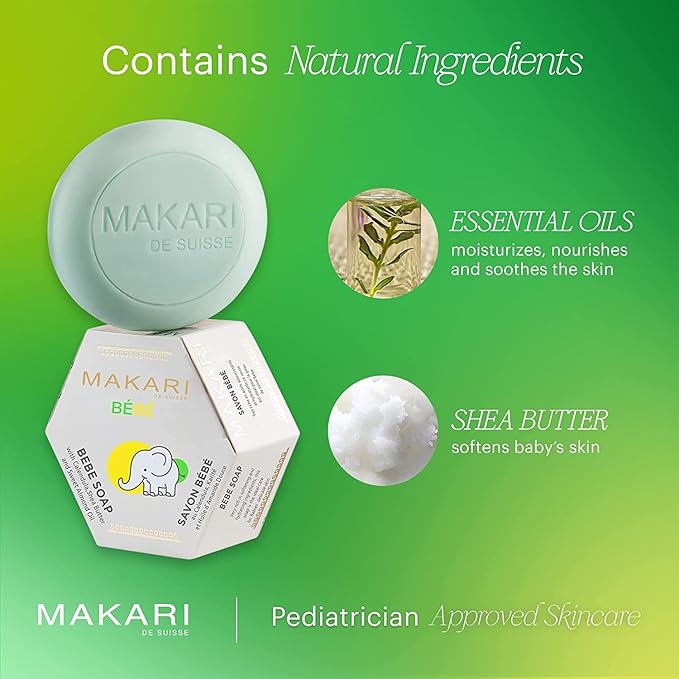 Makari Baby Soap (5.4oz) | Moisturizing Daily Bar Soap for Delicate Skin | Mild Cleansing Children’s Bath Bar With Shea Butter and Non-Irritating Botanical Ingredients | Nourishing and Soothing Soap
