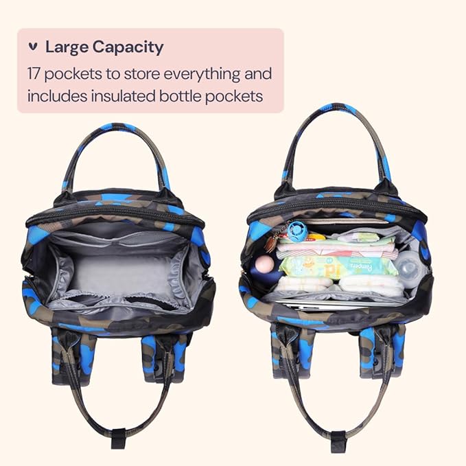 BabbleRoo Diaper Bag Backpack - Baby Essentials Travel Tote - Multi function Waterproof Diaper Bag, Travel Essentials Baby Bag with Changing Pad, Stroller Straps & Pacifier Case - Unisex, Blue Camo