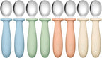 DRKIO 8 PCS Toddler Spoons Set - Baby Spoons with Silicone Handle Children safe 18/8 Stainless Steel Toddler Utensils Set for Self Feeding Kids Silverware Anti-Choke Design Food Grade Dishwasher Safe