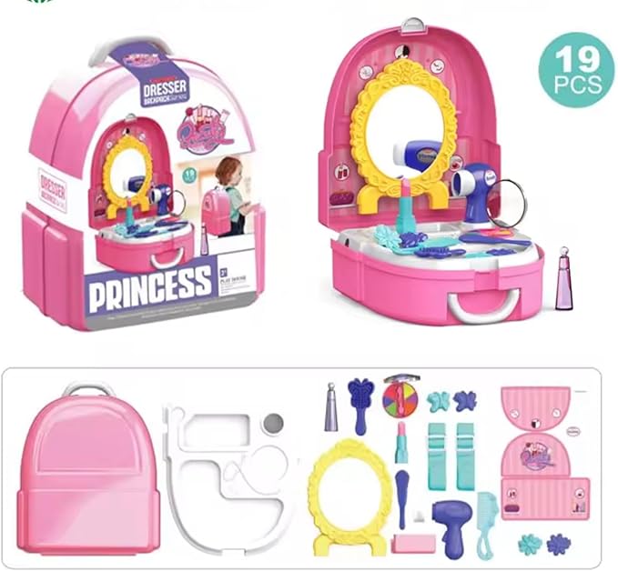 19-Piece Kids Pretend Makeup Playset – Princess Backpack Dress Up Toys for Girls, Portable Role Play Beauty Kit for Imaginative Play (Princess)
