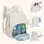BabbleRoo Leather Diaper Bag Backpack - Baby Essentials Travel Baby Bag, Multi function, Waterproof, with Changing Pad, Stroller Straps & Pacifier Case – Unisex, Eggshell White
