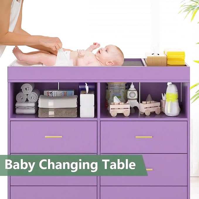 Dresser for Bedroom with 6 Drawers, Multi-Functional Nursery Dresser with LED Lights & Charging Station,Baby Changing Table Table with Diaper Changing Station