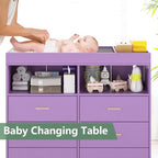 Dresser for Bedroom with 6 Drawers, Multi-Functional Nursery Dresser with LED Lights & Charging Station,Baby Changing Table Table with Diaper Changing Station
