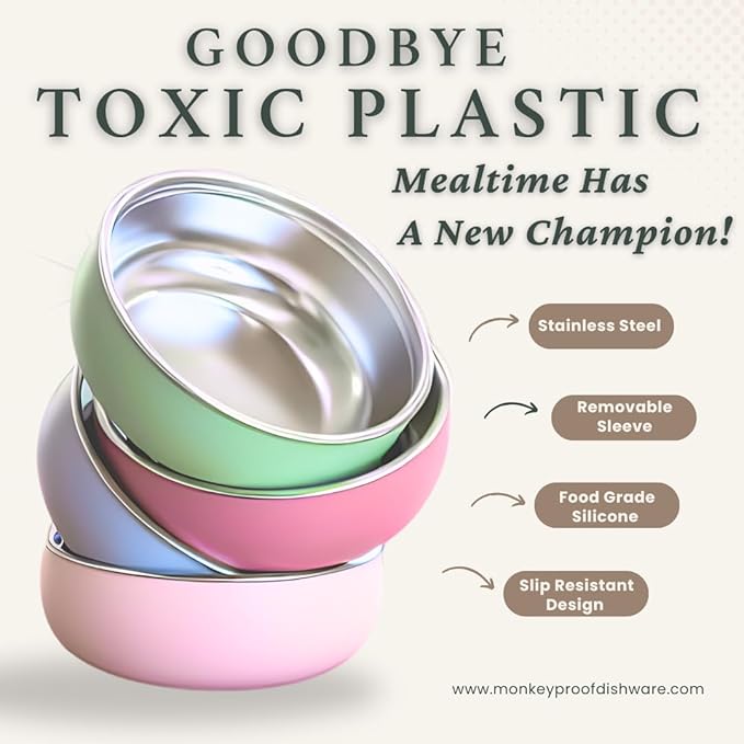 Monkey Proof™ Non-Toxic Stainless Steel Child Bowl 5” with Non-Slip Silicone Shell, Multi-color, (Set of 4 bowls) Unbreakable, Mess Free Feeding for Babies, Toddlers, Kids, BPA free