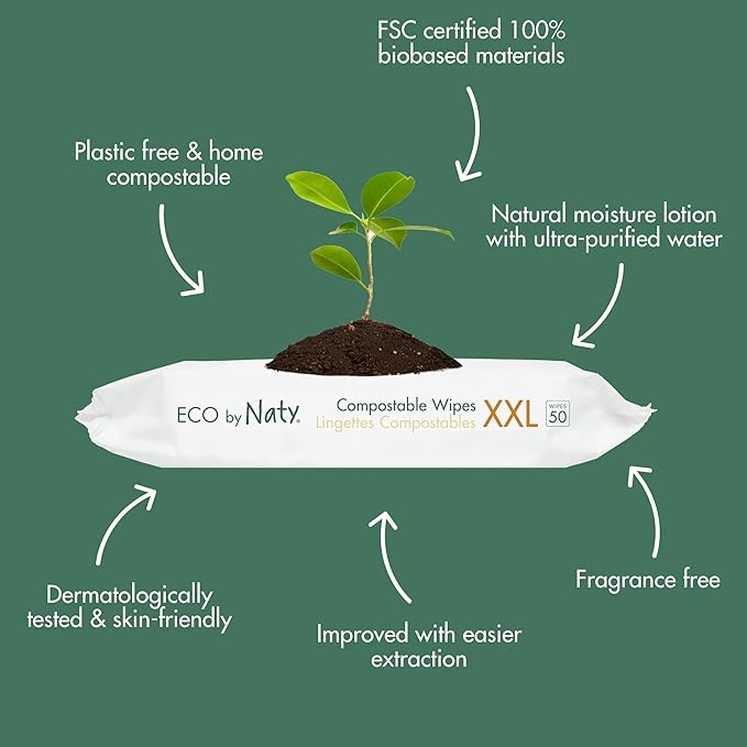 Naty Compostable XXL Baby Wipes - Unscented, 100% Plant-Based, Plastic-Free, Fragrance-Free, Hypoallergenic for sensitive skin and Dermatologically Tested (XXL - 600 Count - 12 Packs of 50)