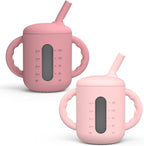 Seposeve 2 Pack Silicone Sippy Cups, Leak-Proof Baby Straw Cup for 6-12 Months, Spill Proof Toddler Cup with Straw 1-3 Years, with Capacity Marking, Non-slip Handle, Flow Control, 6 oz, Purple Pink