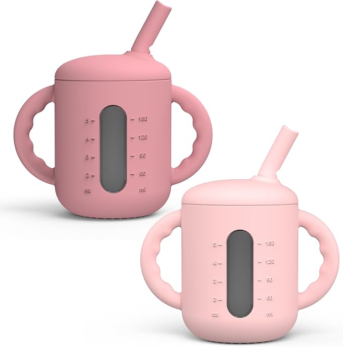 Seposeve 2 Pack Silicone Sippy Cups, Leak-Proof Baby Straw Cup for 6-12 Months, Spill Proof Toddler Cup with Straw 1-3 Years, with Capacity Marking, Non-slip Handle, Flow Control, 6 oz, Purple Pink