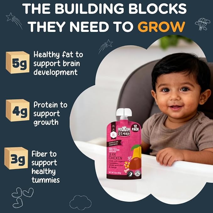 Li’l Hala Jerk Chicken Baby Food Pouches – Free-Range Chicken & Organic Veggies – Toddler Meals with Meat – Protein & Healthy Fats Puree – No Hormones – 6+ Months – 3.5 oz (12 Pack)