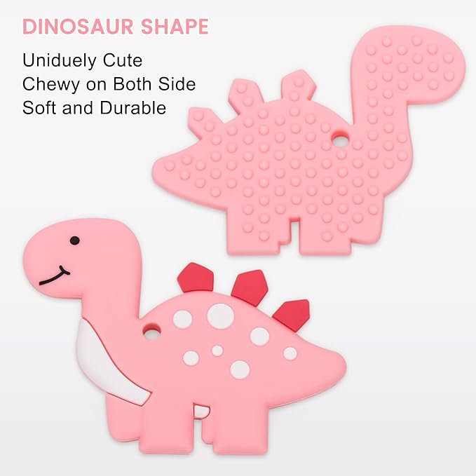 Teething Toys for Babies, Baby Teethers with Clip Silicone Teether Toys for Boys and Girls Infant Teething Relief Dinosaur Shape, Pink