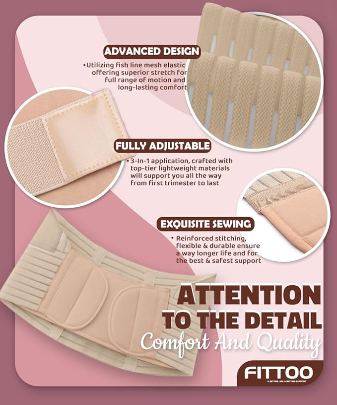 FITTOO Maternity Belt Back Support Belly Band Pregnancy Belt Support Brace Abdominal Binder Waist Support Beige X-Large