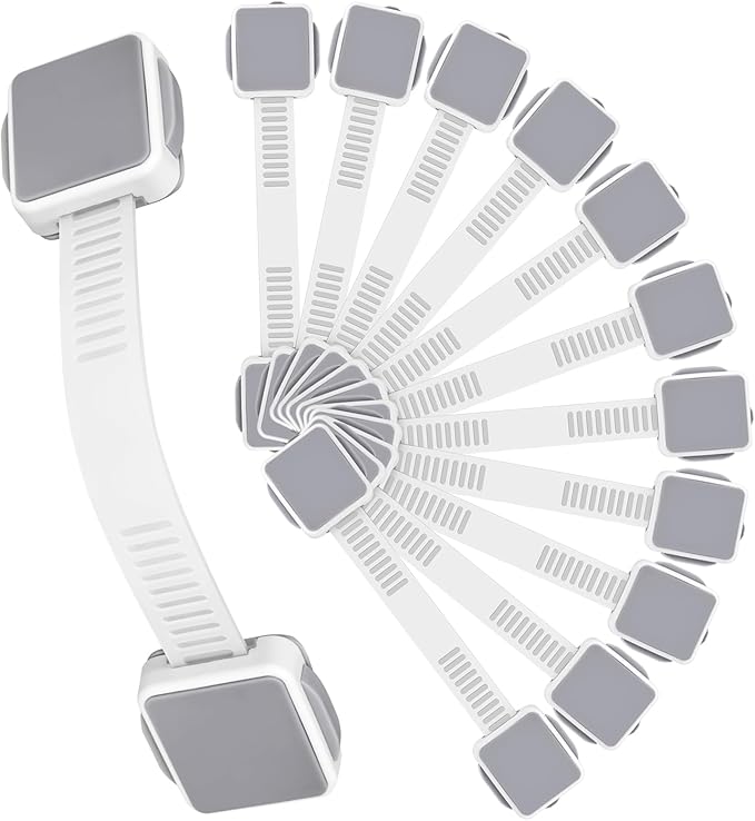 12 Pack Child Safety Cabinet Locks for Baby Proofing, Length Adjustable Latch Straps Dual Button Design for Drawers Fridge Refrigerator Doors Toilet Seat Oven