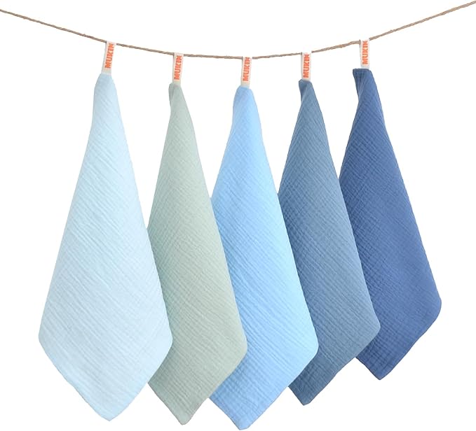 MUKIN Baby Washcloths,Muslin Burp Cloths Towels for Newborns,Absorbent Cotton Bath Face Towel ，5 Pack, 12x12 Inches (Glacier Mist)