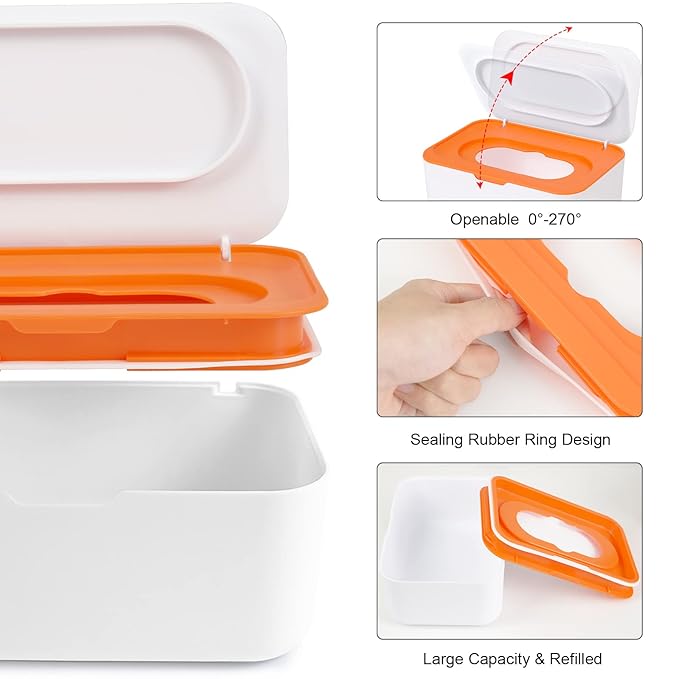 8Pcs Baby Wipes Dispenser, Reusable Baby Wipe Holder Box and Portable Wet Wipes Pouch, Refillable Wipes Pouch Case Container with Lid for Bathroom Baby Nursery Kitchen Office Travel (Orange)