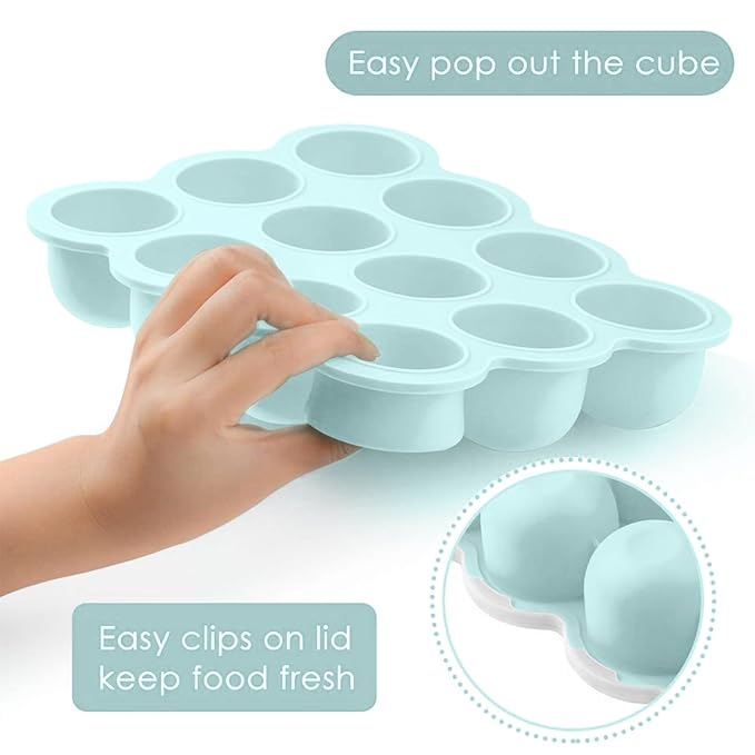 Samuelworld Baby Breast Milk and Food Storage Container, 12 Portions x 2.5oz, Stackable Food Grade Silicone Tray with Clip-On Hard Lid for Homemade Purees, Vegetables & Fruits - Teal