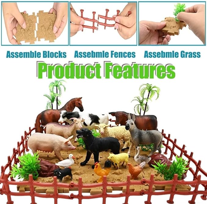 BOLZRA Farm Animal Figurines, Realistic Plastic Animals Toys with Fences Building Blocks, Farm Figures Playset Educational Birthday Gift for Kids & Toddlers, 53 PCS