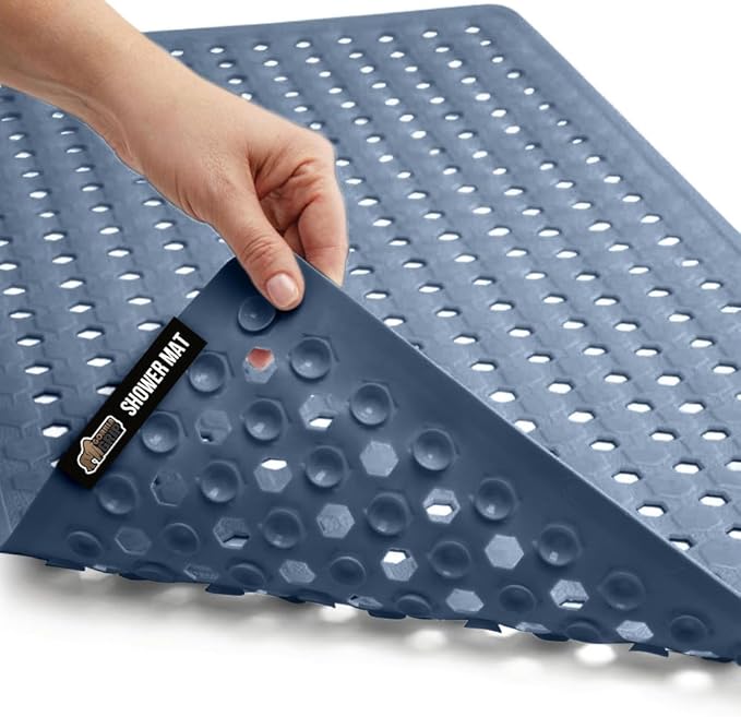 GORILLA GRIP Patented Bath Tub Shower Mat, Machine Washable Bathtub Floor Liner Mats, Suction Cups and Drain Holes to Keep Tubs Clean, Soft on Feet, Bathroom Essentials, 35x16 Inch, Navy Opaque