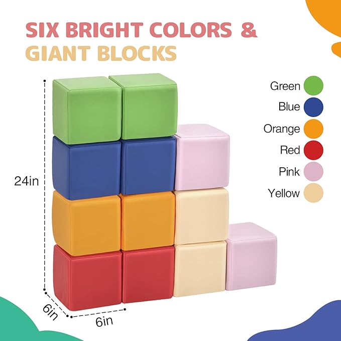 Foam Building Blocks for Kids: 12-Pieces PU Leather Colorful Foam Blocks - Building Toys for Toddler - Giant Stacking Blocks Toys - Soft Indoor Playset for Birthday Gift Preschool Learning (Classic)