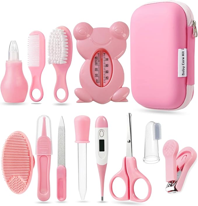 PandaEar Baby Healthcare and Grooming Kit, Baby Safety Set Baby Comb, Brush, Finger Toothbrush, Nail Clippers, Scissors, Nasal Aspirator, Baby Essentials Nursery Care Kit (13-in-1 Pink)