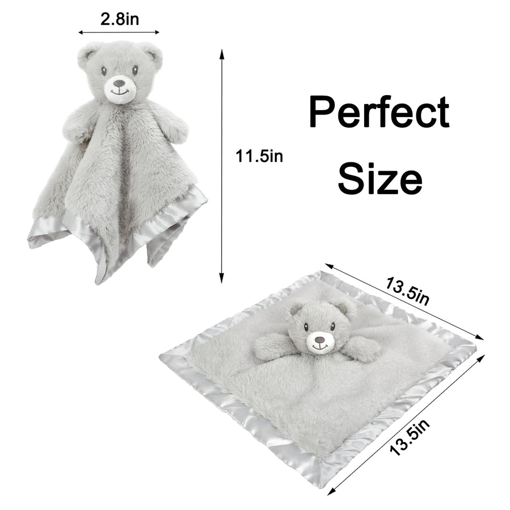 Bear Security Blanket Soft Minky Baby Lovey Animal Plush Blanket Unisex Lovie Gift for Toddler, Boys and Girls, 13.5 Inch (Grey)