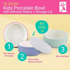 Elk and Friends Kids Porcelain Bowls with Silicone Sleeve + Silicone Lid | Kids/Toddler/Baby Feeding | Microwave & Dishwasher Safe | Non slip | Cereal/Soup/Snack Dishes & Dinnerware