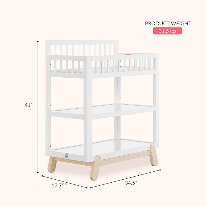 Dream On Me Hygge Baby Nursery Changing Table, Elevated Safety Rails, Water-Resistant Changing Pad & Safety Belt, Spacious Storage Shelves, GREENGUARD Gold & JPMA Certified – Weathered Vintage Oak