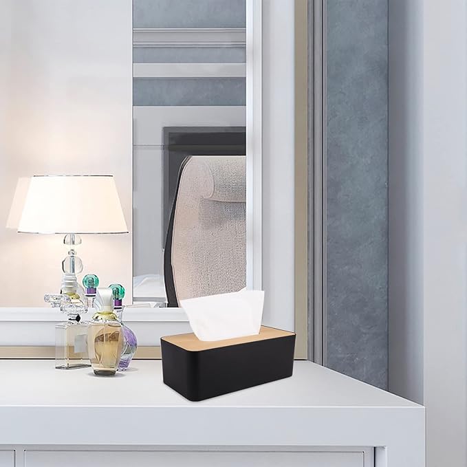 MOCHTERO Tissue Box Cover,Tissue Holders,Tissue Box Holder for Bathrooms,Bamboo Cover Plate,Home and Office,9.7 * 5 * 3.6in (Black)