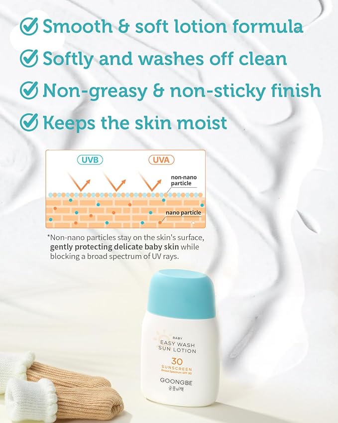 Baby Easy Wash Sun Lotion SPF 30 - Korean Moisturizing Zinc Oxide Mineral Sunscreen for Babies and Kids - Washes Off Easily - Vegan, Reef-Safe, Allergen-Free, 2.11 fl.oz.