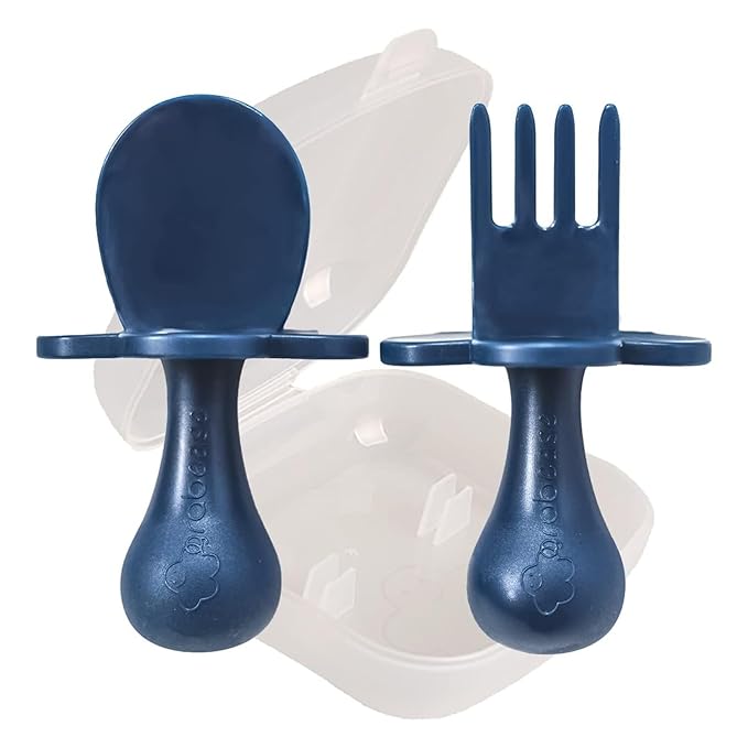 Grabease Baby Feeding Utensils Set - Infant and Baby Fork and Spoon for Ages 1-11 Months, BPAs and Phthalate-Free Cutlery, Plastic, 1 Set, Navy