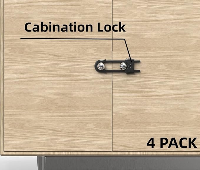 4 Pack Child Proof Sliding Cabinet Door Code Locks Baby Safety Cupboard Locks Adjustable U Shaped Cabinet Latches for Knob Handle Drawers Closet (4 PCS, Grey)